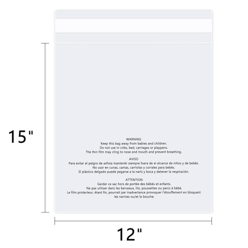 WEPOLY 12x15 Inch Clear Poly Bags (100 Pack) with Safety Warning - Self-Sealing