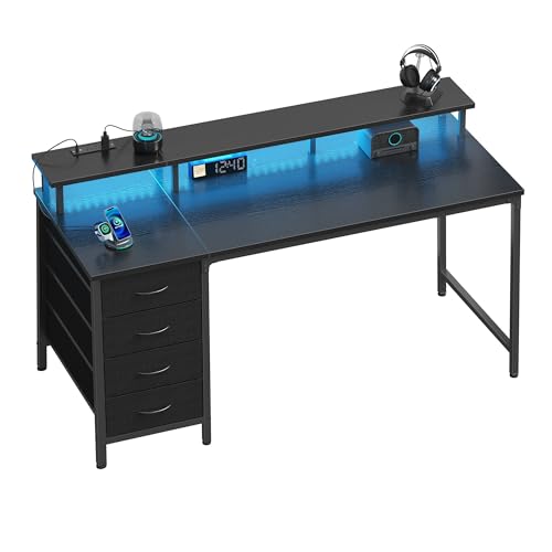 DUMOS 40-Inch Black Gaming Computer Desk with Reversible Drawers & RGB LED, Home Office