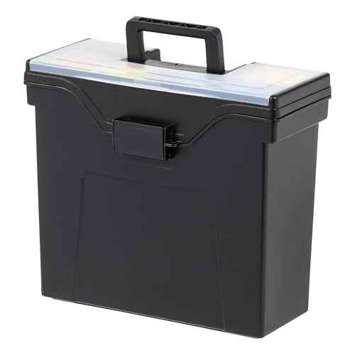 IRIS USA Portable File Box With Handle, Slim w/Organizer Lid, Plastic File Organizer Box for Letter Files, Hanging Filing Folder Organizer, Lockable, Secure Buckle, Black