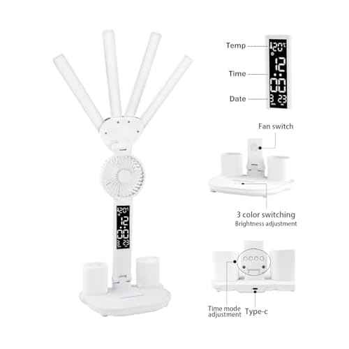 Led Desk Lamp with Fan Study Light with Clock, Adjustable Foldable Table Lamp with Pen Holder, 3 Brightness Levels, USB Charging Port