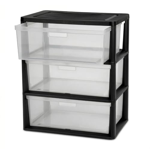 Black Wide 3-Drawer Storage Tower with Removable Clear Bins, Tool-Free Assembly