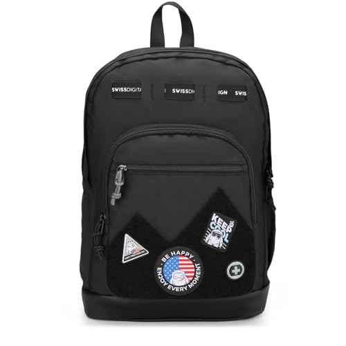 Swissdigital Design Cool Backpack, Stylish School Laptop Backpack with Fun Personalized Patches Fits 16 Inch Notebook, Travel Casual Bag Pefect for Boys & Girls, Black | BERIKON - Includes 3 Patches
