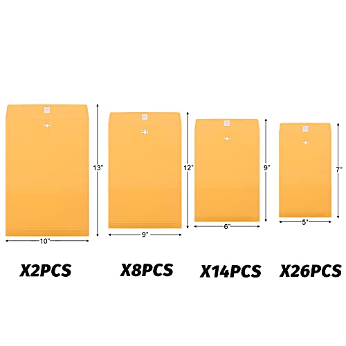 Frienda 50 Pcs Kraft Clasp Envelopes - 4 Sizes, Yellow, Office & Organization