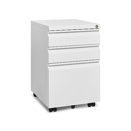 Mobile File Cabinet for Home Office, Lockable 3 Drawer Filing Cabinet with Wheels for A4-Size/Letter-Size/Legal-Size, Fully Assembled Except Casters, White