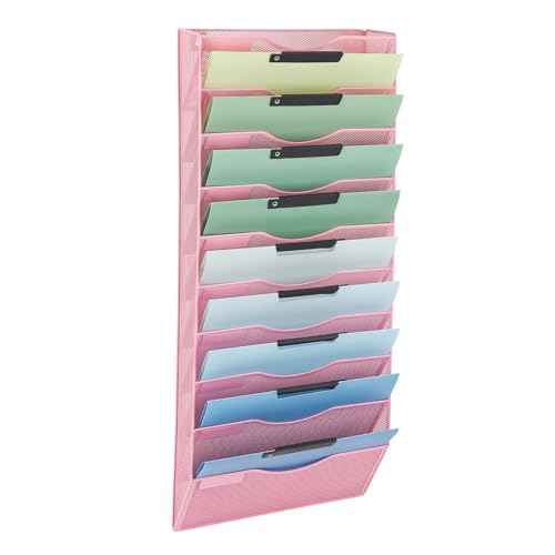EASEPRES 10 Pocket Mesh Hanging Wall File Organizer, Wall Mounted Mail Paper Document Folder Holder, Clipboard Storage Organization Magazine Rack with Nametag Label for Office Home School, Pink