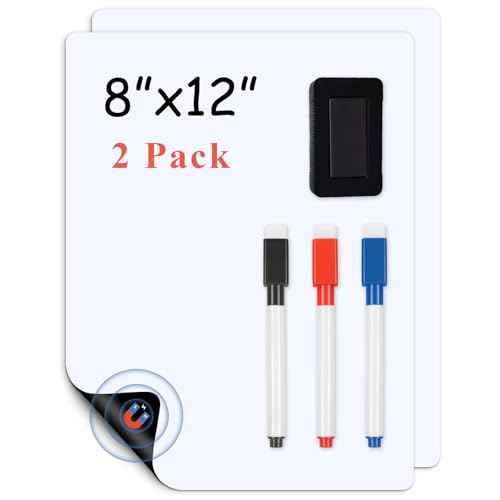 Magnetic Fridge White Board Paper, 8" x 12" 2 Pack Small Dry Erase Board Sheet for Organizer and Planner, Kitchen Refrigerator Whiteboard for Family to-do List, Includes Markers and Eraser
