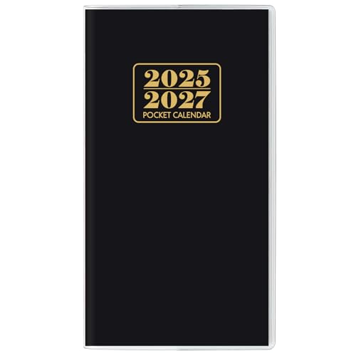 Pocket Calendar 2025-2027, Monthly Purse Planner (6.7" x 3.7") Runs from September 2025 to December 2027, Solid Black Pocket Calendar with PVC Cover for Planning, Organizing, and Office Use