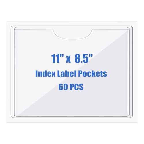 Origin-Joy 60 PCS Self Adhesive Index Card Pockets with Top Open, Clear Plastic Label Holder for Notes, Library and Business, Adhesive Label Pockets & Holder (11 x 8.5 inch)