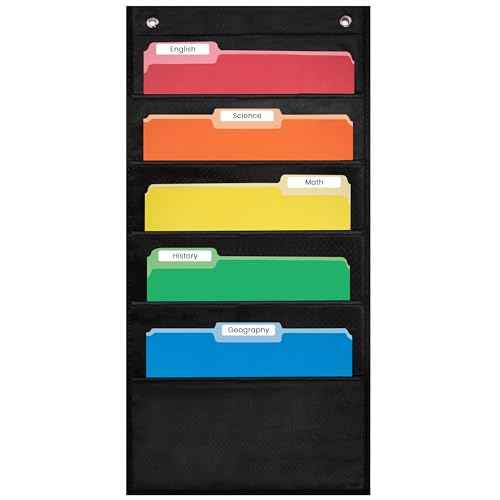 Essex Wares - 5 Pocket File Pocket Chart, Black, 14" Wide x 24" Tall - Versatile Wall Hanging File Folder Organizer for Classroom, Office, Home, and More - Wall Folder Organizer - 5 Pockets