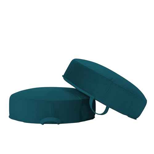 Factory Direct Partners FDP Overstuffed 16 inch Round Velvety and Vinyl Floor Cushions with Handles; Flexible Seating for Home, Lounge, Yoga Studio, Deluxe Foam (2-Piece) - Peacock