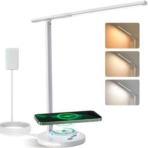 LED Desk Lamp with Wireless Charger, Stepless Dimming Desk Light with 3 Color Modes, Foldable Eye-Caring Study Reading Table Lamp with Night Light for College Dorm Home Office Bedroom Beside(White)