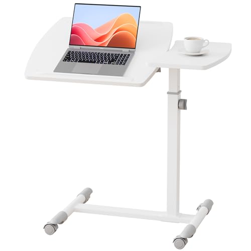 GTRACING Mobile Small Standing Desk, Tiltable Sit Stand Portable Rolling Laptop Desk with Lockable Wheels, Adjustable Height Overbed Bedside Table Computer Workstations, White