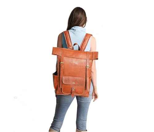 jaald 23" Brown Leather Backpack Vintage Rucksack Laptop Bag Large Travel Roll Top College Bookbag Comfortable Lightweight Travel Hiking/picnic For Men