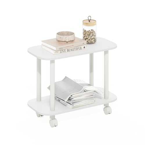 Furinno Turn-N-Tube 2-Tier Oval Side Table with Wheels, White – Plain White