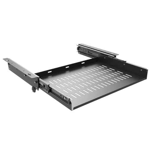 JINGCHENGMEI Sliding Under Desk Laptop Mount Shelf with Air Vents, W 16.3" x D 12" Metal Under Desk Slide Out Tray for Laptop (16 Inch Wide)