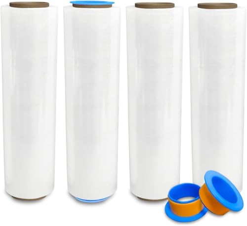 Lifetime Supplies 4 Pack Heavy Duty Clear Plastic Stretch Film 18" x 1500 Ft 80 Gauge - Industrial Shrink Wrap with Holder Included