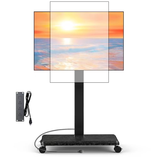 Rolling TV Stand with Power Outlet, Swivel Mobile Portable TV Cart for 32-75 Inch TVs up to 110 lbs, Landscape to Portrait, Height Adjustable Outdoor TV Stand with Wheels, Max VESA 600x400mm