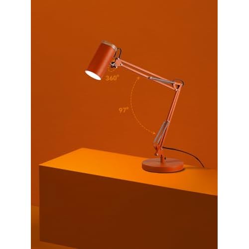 TORCHSTAR Tall Swing Arm Desk Lamp with Wooden Accent, Adjustable Large Size Max Height 29.7", E26 Base Metal Task Lamp, Office Desktop Lamp with On/Off Switch, for Reading, Study, Workbench, Orange