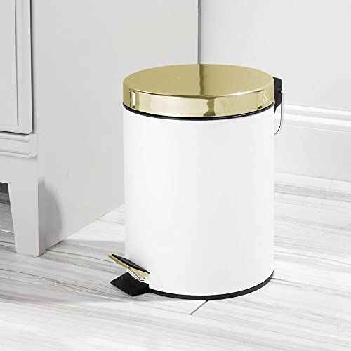 mDesign Pedal Bin ? Metal Waste Bin with Pedal, Lid and Plastic Bucket Insert ? Perfect for Bathroom, Kitchen, and Office ? Household Rubbish Bin with Ergonomic Design ? White/Gold