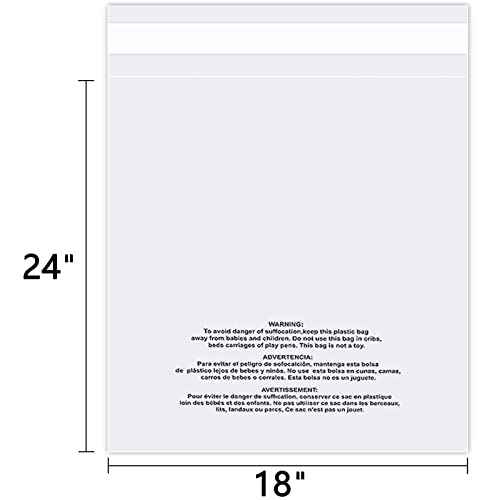 18" x 24" (100 Count) Self Seal Clear Poly Bags with Suffocation Warning for Packaging, Shipping, Clothing, Shirts & FBA - Resealable Adhesive