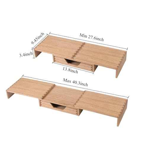 Monitor Stand Rier - Computer Riser with Storage Drawer for Office Supplies - Wood Desktop Organizer Shelves with Adjustable Length Angle - Desk Organizer Tray Rack for Laptop (YPJ3T-LT)