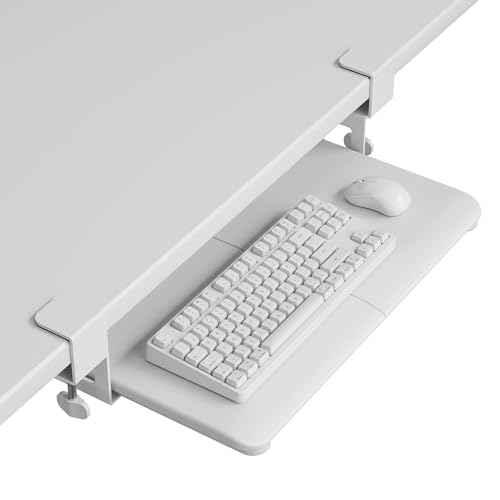 BONTEC KMT01-PJ Under Desk Keyboard Tray, Pull-Out Keyboard & Mouse Platform with C-Clamp, 20 x 11.8 in Space-Saving Ergonomic Slide-Out Drawer, White