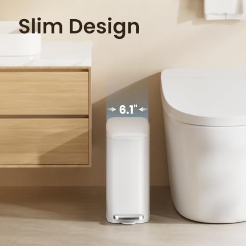 Cesun White Slim Bathroom Trash Can with Lid, Soft Close, 6L/1.6 Gallon