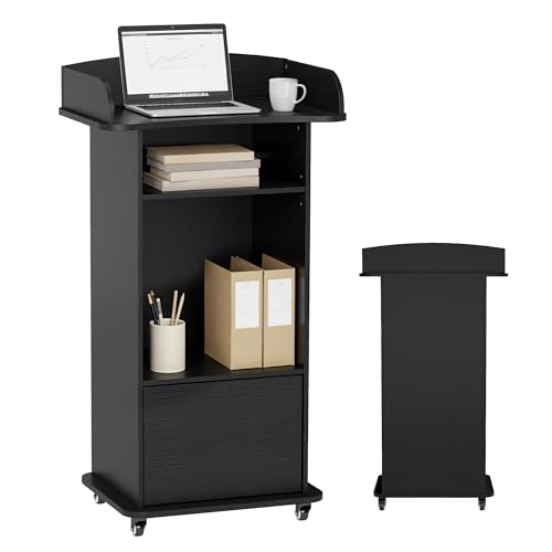 Qriocioa Black Podium Stand with 4 Wheels, Wooden Lectern with Storage