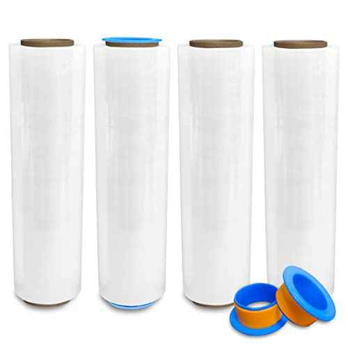 4 Rolls x 18" x 1500 FT x 80 Gauge Clear Non-Stretch Heavy Duty Plastic Stretch Wrap Shrink Film | Shipping Packaging Moving Packing Logistics | Thicker Extra Durable Film | Wrap Holder Included