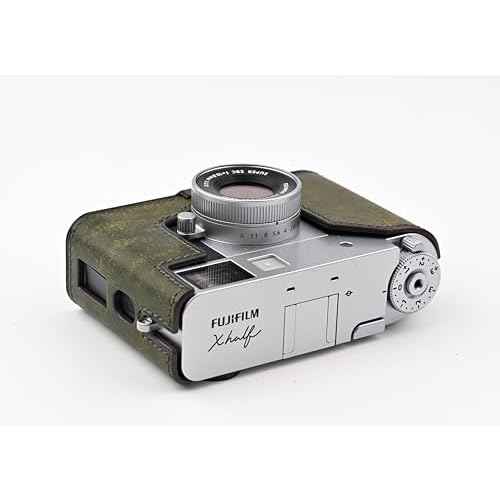 Handmade Genuine Leather Camera Half Case for FUJIFILM X-Half/FUJIFILM X-Half Camera Case - Top Layer Cowhide Body + Metal Base Plate (Matte Green)