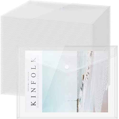 Zhehao 100 Pcs Clear Envelopes with Snap Button Closure A4 Letter Size Plastic Envelope Folder Poly Document File Folders for Home Office(Clear,Simple Style)