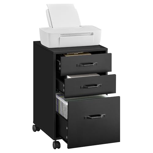 VASAGLE Ink Black Mobile File Cabinet with 3 Drawers & Locking Wheels