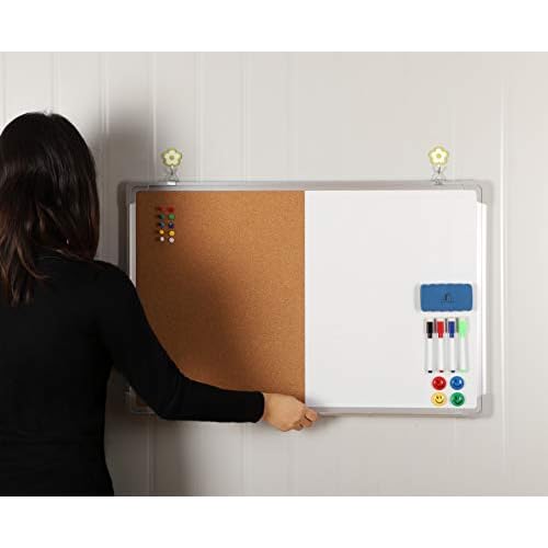 Combination Whiteboard Bulletin Board Set - Dry Erase/Cork Board 30x20 in with 1 Magnetic Dry Eraser, 4 Markers, 4 Magnets and 10 Thumb Tacks - Combo Tack Board White Board for Home Office Desk