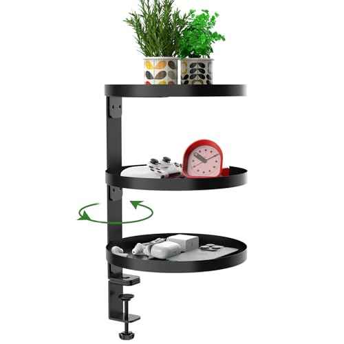 Swivel Clamp On Desk Shelf with 9.8in Adjustable Metal Storage Tray Above or Under Desk Storage 3-Tier Desk Extension Shelving Unit No Drilling Desktop Shelves for Max Desktop Thickness 2.7in