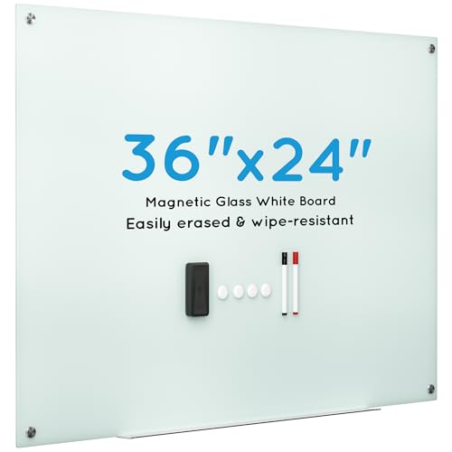 VUSIGN 36" x 24" Glass Whiteboard, Magnetie Dry Erase Board of Frameless, Minimalist Style Glass White Board for Wall, Office, Home,School