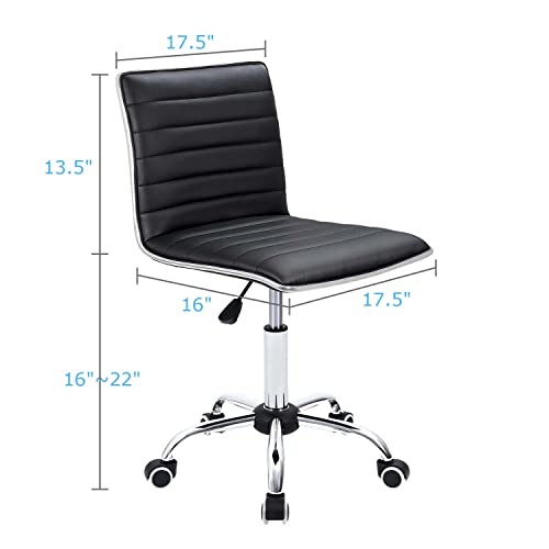 Furmax Armless Leather Makeup & Office Desk Chair with Wheels, Height Adjustable, 360° Swivel - Black