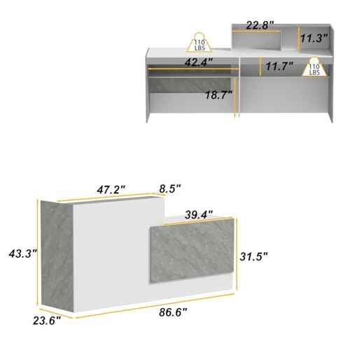 FAMAPY Reception Desk with Shelves, Modern Reception Table with Storage, Front Counter Checkout Table Retail Counter for Lobby Shop, White and Grey, 23.6¡±D x 86.6¡±W x 43.3¡±H