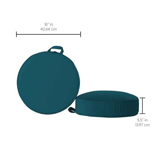 Factory Direct Partners FDP Overstuffed 16 inch Round Velvety and Vinyl Floor Cushions with Handles; Flexible Seating for Home, Lounge, Yoga Studio, Deluxe Foam (2-Piece) - Peacock