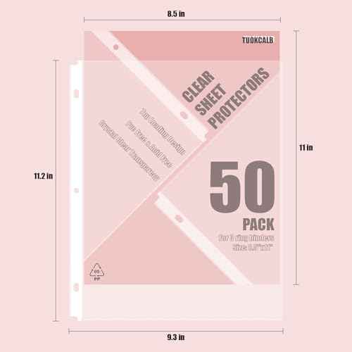 50 Pack Clear Sheet Protectors for 3 Ring Binder, Polypropylene Acid-Free Material, 8.5 x 11 Inch Letter Size, Protector of Your Documents