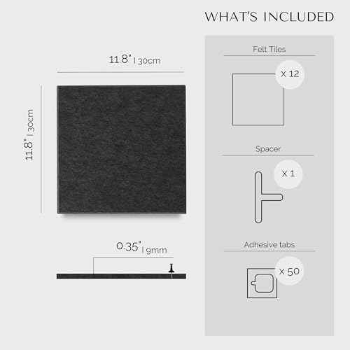 Large Cork Board for Office Black Felt Board Alternative - Felt Bulletin Board Tiles for Office Wall Decor, Push pin Board Wall Organizer for Office - Pack of 12 (Moonstone)