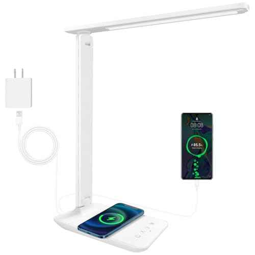 LED Desk Lamp Dimmable Table Lamp with USB Charging Port, 5 Lighting Modes, Sensitive Control, Foldable Portable Desk Light for Home Office Bedroom Reading (White-Pro, Standard Size - 13.3 inch)
