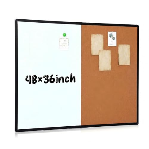 Magnetic Whiteboard & Cork Bulletin Board Combo - 48x36 Inch Wall Mount Office & Classroom Organizer