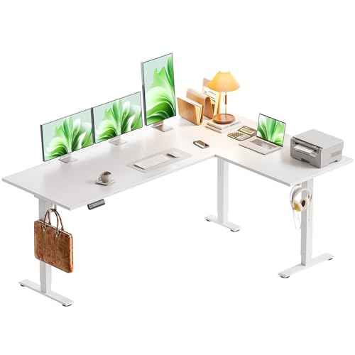 Casaottima 63 Inch Reversible Electric L Shaped Standing Desk, Height Adjustable Corner Stand up Desk, Ergonomic Large Lift Table for Home, Office, Workstation, White
