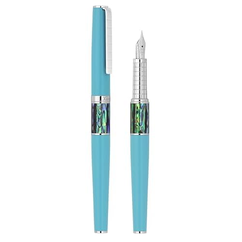 Xezo Speed Master Fountain Pen, Fine Nib. Matte Sky Blue with P?ua Abalone Sea Shell. Chrome Plated. Lightweight Brass Body. No Two Alike. Etched With a Serial Number
