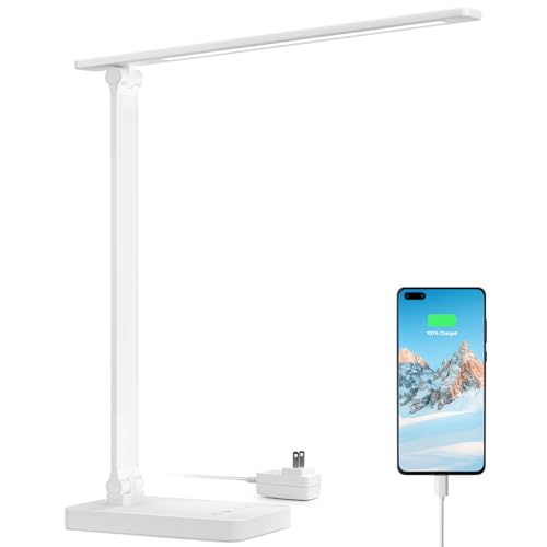 Lepro White LED Desk Lamp with USB Charging Port, Dimmable, Eye-Care, 700LM