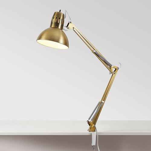 GLOBE Electric 62000010 32" Multi-Joint Desk Lamp with Metal Clamp, Matte Brass, White Accents, On/Off Rotary Switch on Shade, Partially Adjustable Swing Arm, Home D?cor, Office Accessory
