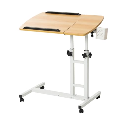 Bedside Table with Wheels, Height-Adjustable Laptop Desk, Computer Workstation, Bed Side Table, Tiltable Table and Mouse pad for Laptop-Light Brown