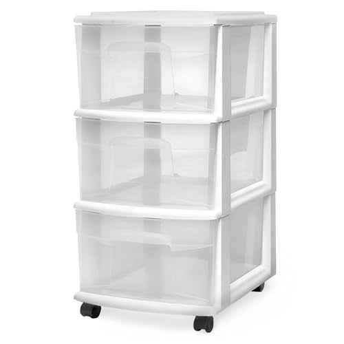 HOMZ Drawer Tower, 3-Tier Clear Plastic Storage Organizer Cart, White Frame - Heavy-Duty Organizing Drawers for Home, Bedroom, and Closet Organization