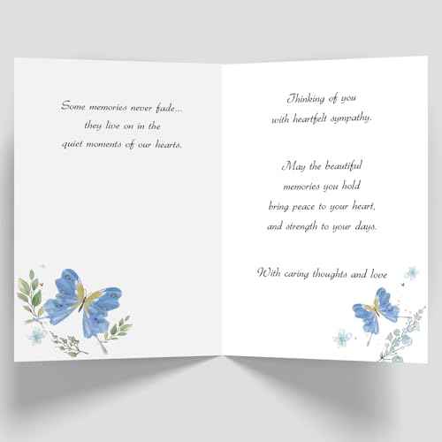 Sympathy Cards with Blue Butterfly Design, Elegant Condolence Greeting Card for Loss, Double-Sided 8 x 5.3 Inch with Envelope