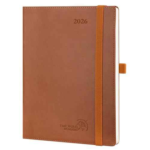 POPRUN 2026 Planner (Medium - 6.5'' x 8.5'') - 2026 Weekly Calendar ((Jan. 2026 - Dec. 2026) with Hourly Time Slots, Weekly/Monthly Appointment Book for Time Management - Leather Soft Cover - Brown